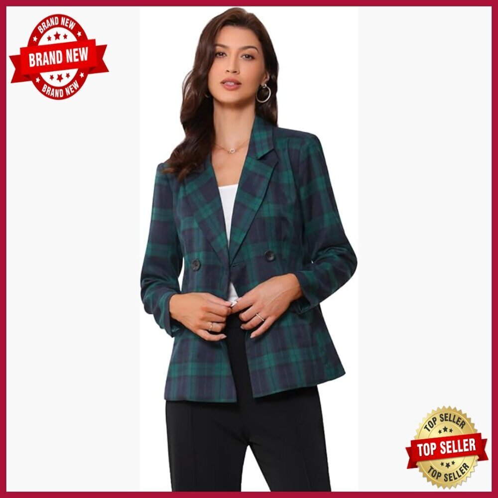 Double Breasted Notched Lapel Blazer Jacket Work Formal Vintage Plaid